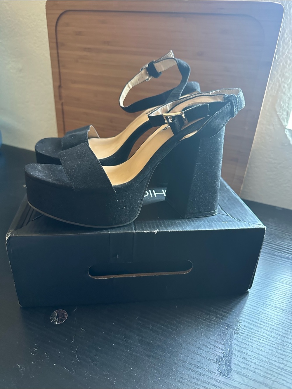 Fashion Nova Black Suede Platform Block Heels